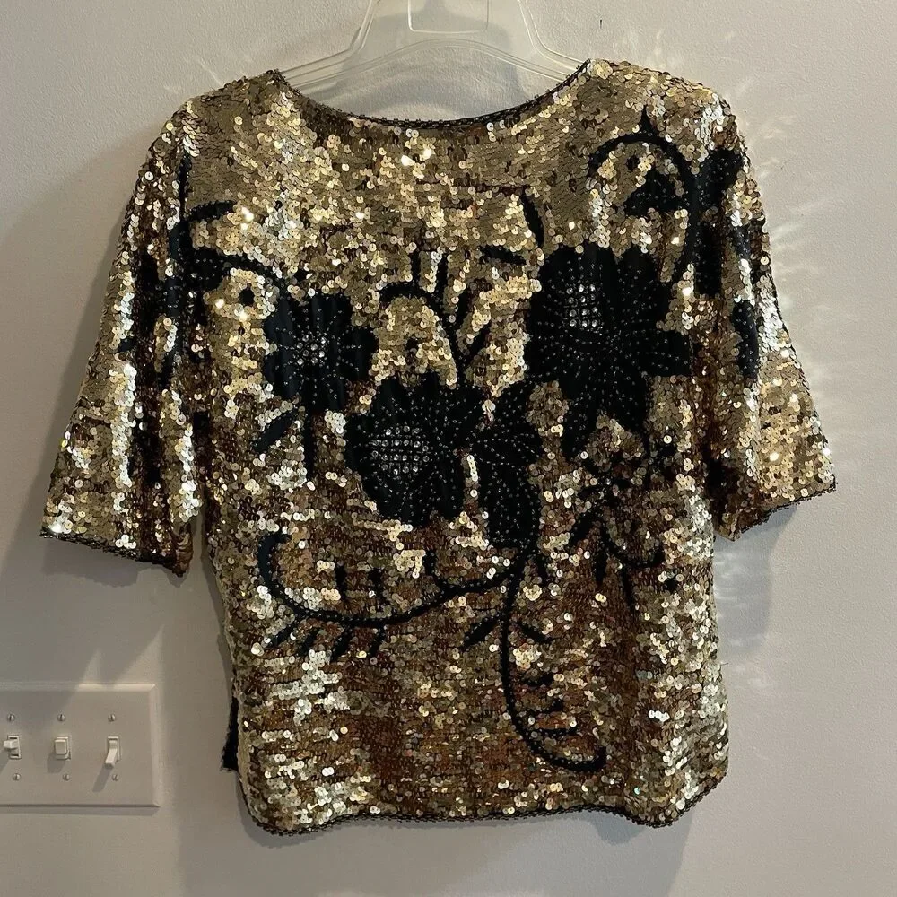 70s 80s Vintage Top Black Gold Sequins Disco Retro Art Deco M / L Women Floral - Picture 7 of 9